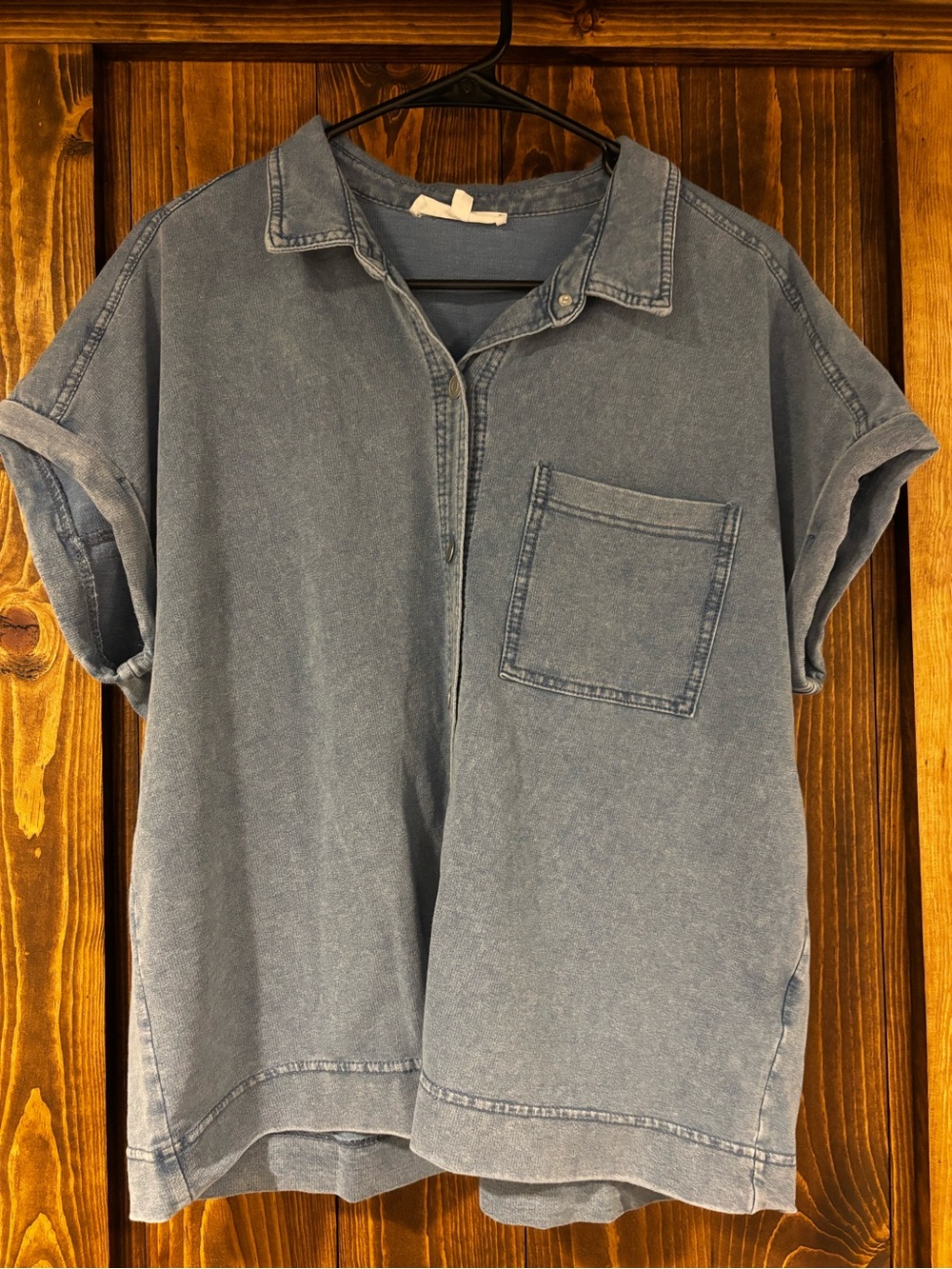 Jane + Delancey Denim Jersey Short Sleeve Collared Buttondown Top Large